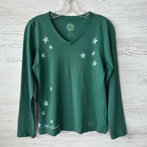 LIFE IS GOOD Crusher Tee V-Neck Star Print Long Sleeve Kelly Green XS
